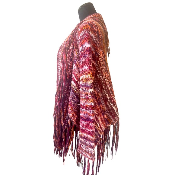 Free People Birkenstock Red Multi Boho Fringe Open Cardigan Sweater L - Picture 4 of 5
